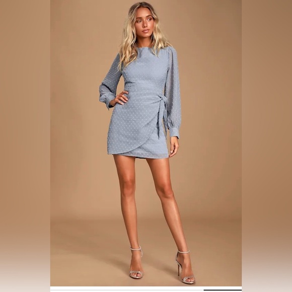 Lulus Light Blue Swiss Dot Long Sleeve Tie-Front Mini Dress size M - Picture 1 of 9